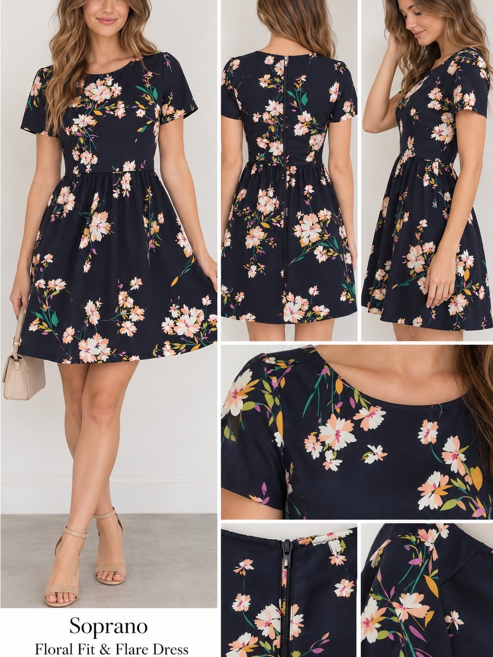 Soprano Navy Floral Fit & Flare Short Sleeve Dress